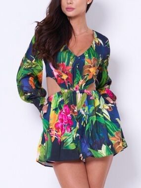 Guess| ‘Sadie’ Black Vibrant Floral Cut Out V-Neck Shorts Open Back Romper Sz XS